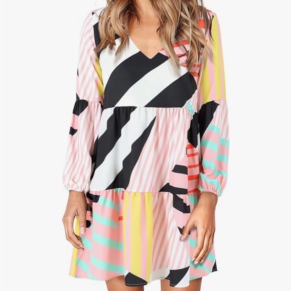 Amoretu Size Medium Tunic Dress V Neck Casual Loose Flowy Swing Shift Dress - Picture 2 of 5